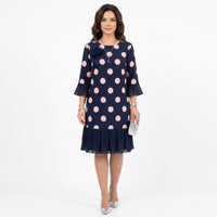 Clara | Vestido Azul Marinho às Bolinhas com Detalhe de Folhos