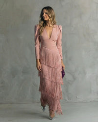 Alessia - Vestido midi elegante com mangas de franjas
