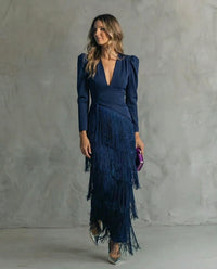 Alessia - Vestido midi elegante com mangas de franjas
