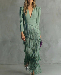 Alessia - Vestido midi elegante com mangas de franjas