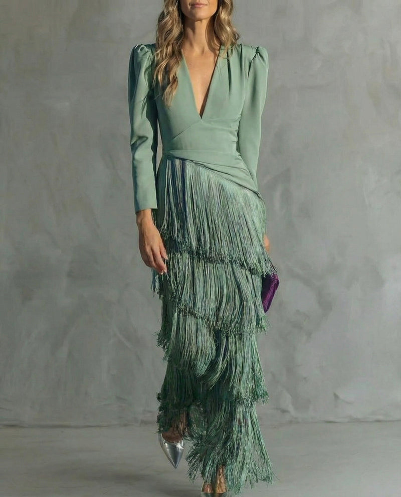 Alessia - Vestido midi elegante com mangas de franjas