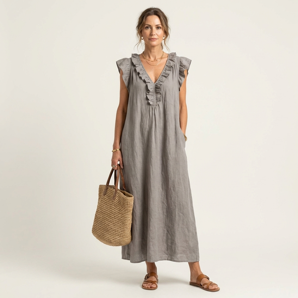 Josefina | Vestido longo com textura de linho com decote em V e babados