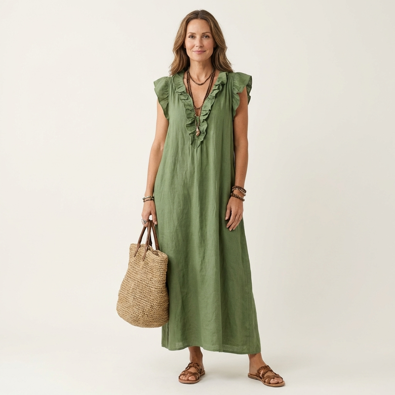 Josefina | Vestido longo com textura de linho com decote em V e babados