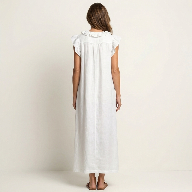 Josefina | Vestido longo com textura de linho com decote em V e babados