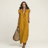 Josefina | Vestido longo com textura de linho com decote em V e babados