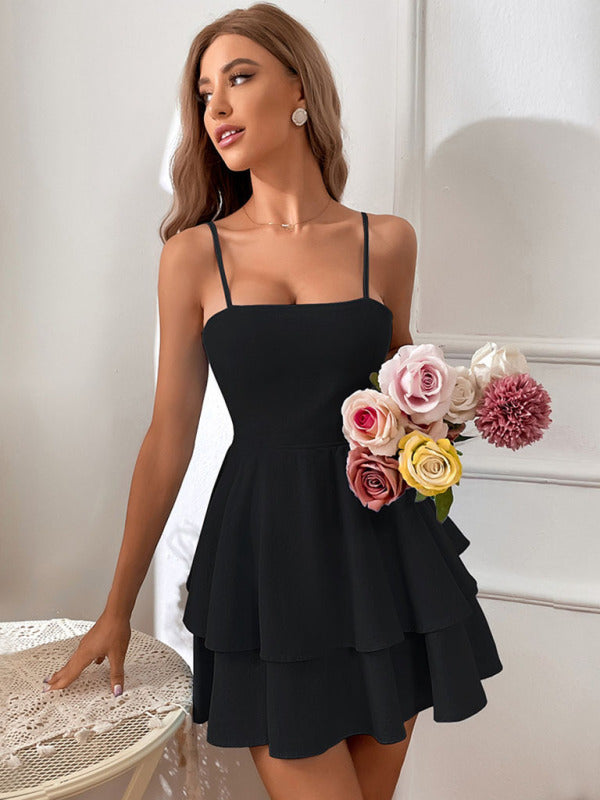 Alice - Mini vestido sem costas com alças com laço e saia em camadas