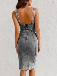 Vestido Vaquero Midi Ajustado com Zíper Frontal – Elegância em Denim