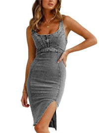 Vestido Vaquero Midi Ajustado com Zíper Frontal – Elegância em Denim