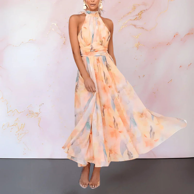 ESTHER | VESTIDO COM DECOTE HALTER E ESTAMPADO DE AQUARELA