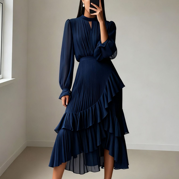 Vestido midi plisado elegante com volantes